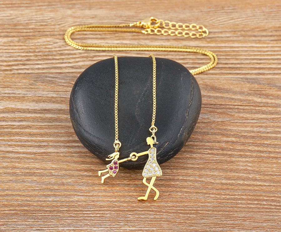 Nidin Gold-Plated Mom and Daughter Pendant Necklace with Cubic Zirconia, Elegant Mother's Day Jewelry Gift