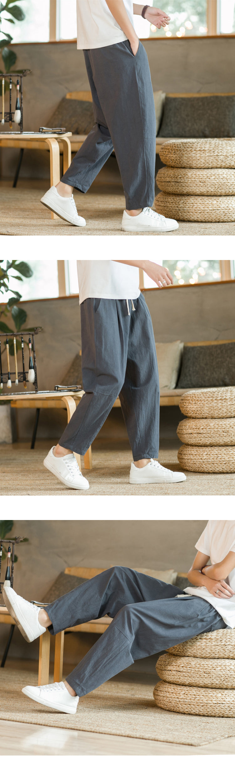 Men&#39;s Trousers Cotton Linen Fashion Casual Pants Solid Color Breathable Loose Shorts Straight Drawstring Pants Streetwear Men