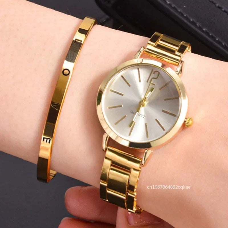 Ladies Fashion Digital Alloy Quartz Watch Set – 2-Piece Bracelet Style Luxury Watches for Women