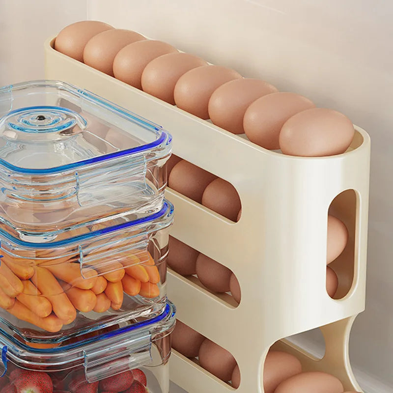 4-Layer Automatic Rolling Egg Holder Rack: Fridge Egg Storage Box and Organizer for Kitchen Refrigerators