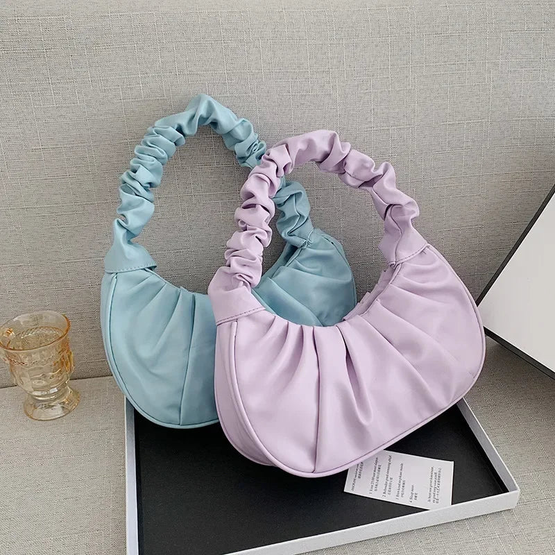 Fashion Pleated PU Cloud Handbags - Women&#39;s Armpit &amp; Shoulder Bags for Shopping