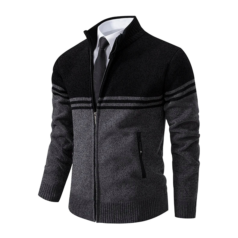 Men&#39;s New Winter Sweater Thick Fleece Warm Sweater Casual Stand Collar Zipper Cardigan Fashion Striped Coat