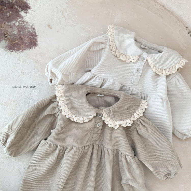 Spring Toddler Girls Dress – Corduroy Dress with Lace Ruffles and Full Sleeves