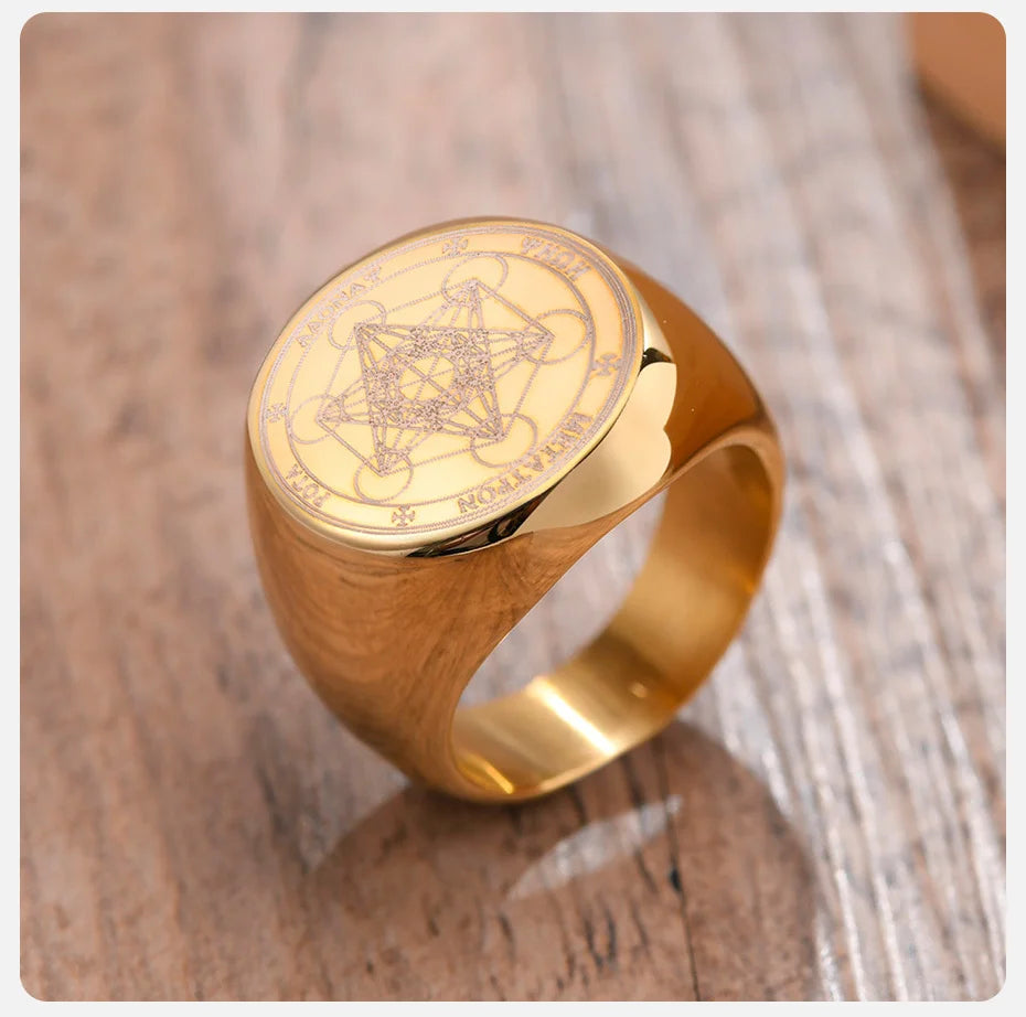Vnox Vintage Seven Seals of Angels Ring for Men, Stainless Steel Metatron Cube Triquetra Stamp Ring, Chunky Punk Fashion Jewelry