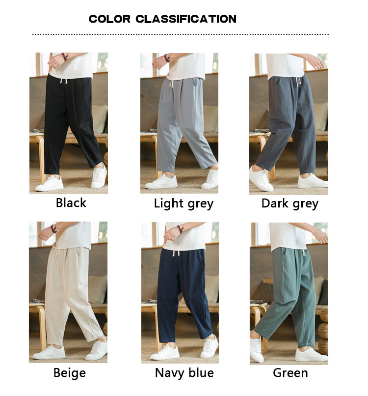 Men&#39;s Trousers Cotton Linen Fashion Casual Pants Solid Color Breathable Loose Shorts Straight Drawstring Pants Streetwear Men