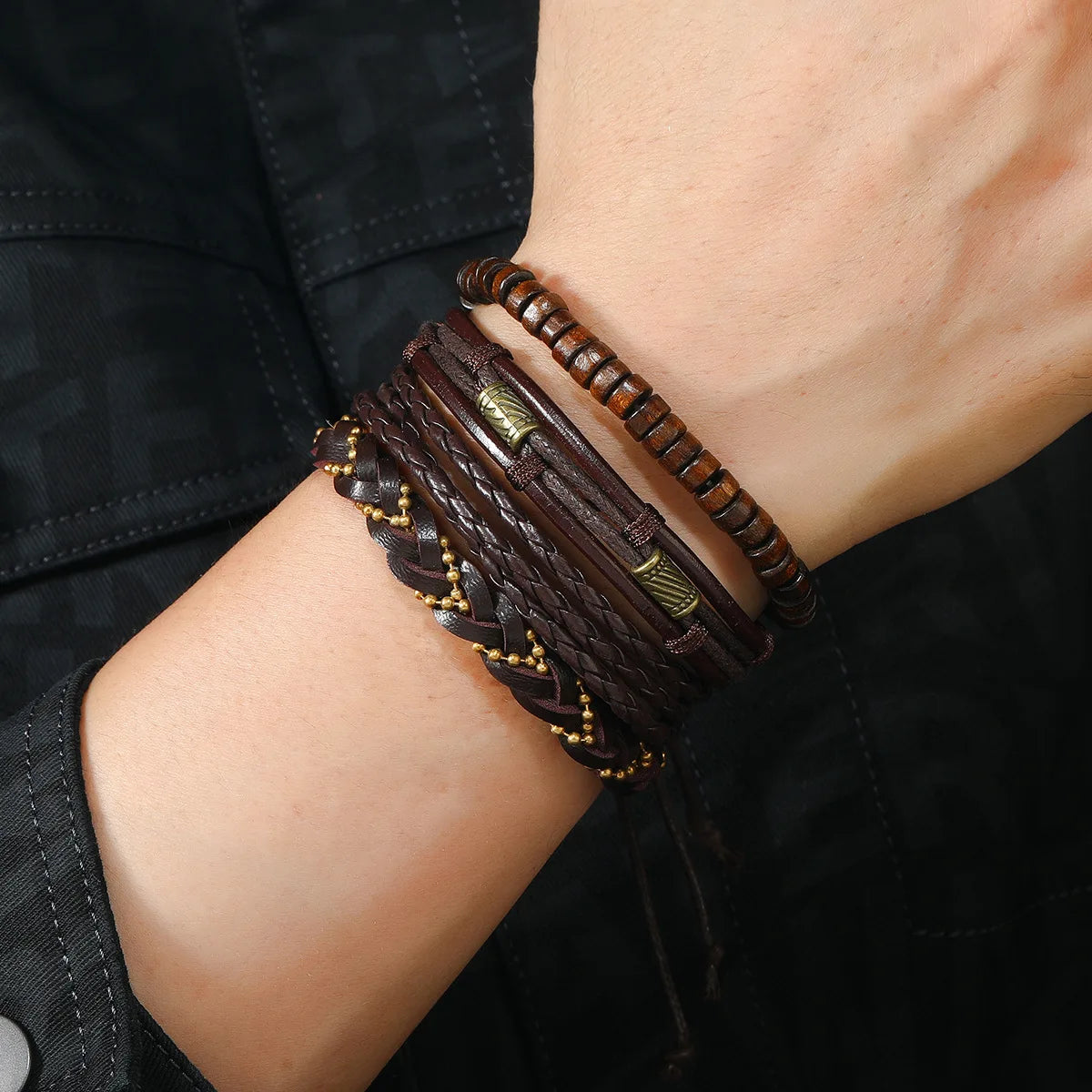 4/6PCS PU Leather &amp; Wood Bead Bracelet Set – Vintage Braided Wrap Armband for Men