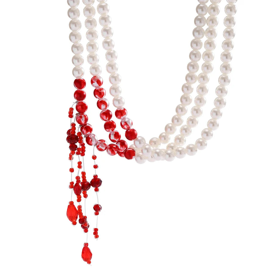 Multilayer Gothic Red Blood Tassel Necklace – Imitation Pearl &amp; Crystal Bead Pendant for Women, Perfect Halloween Jewelry