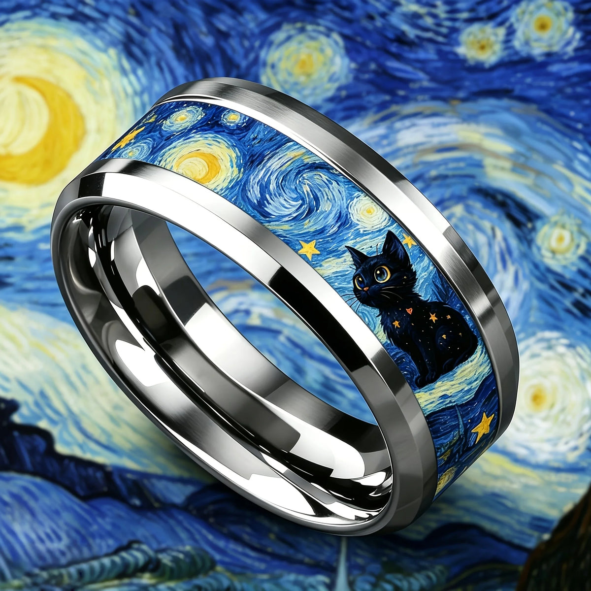 Vintage Cat Moon and Stars Art Ring, Classic Oil Painting Style Stainless Steel Ring for Women and Men Fashion Jewelry Gift