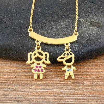 Nidin Gold-Plated Mom and Daughter Pendant Necklace with Cubic Zirconia, Elegant Mother's Day Jewelry Gift