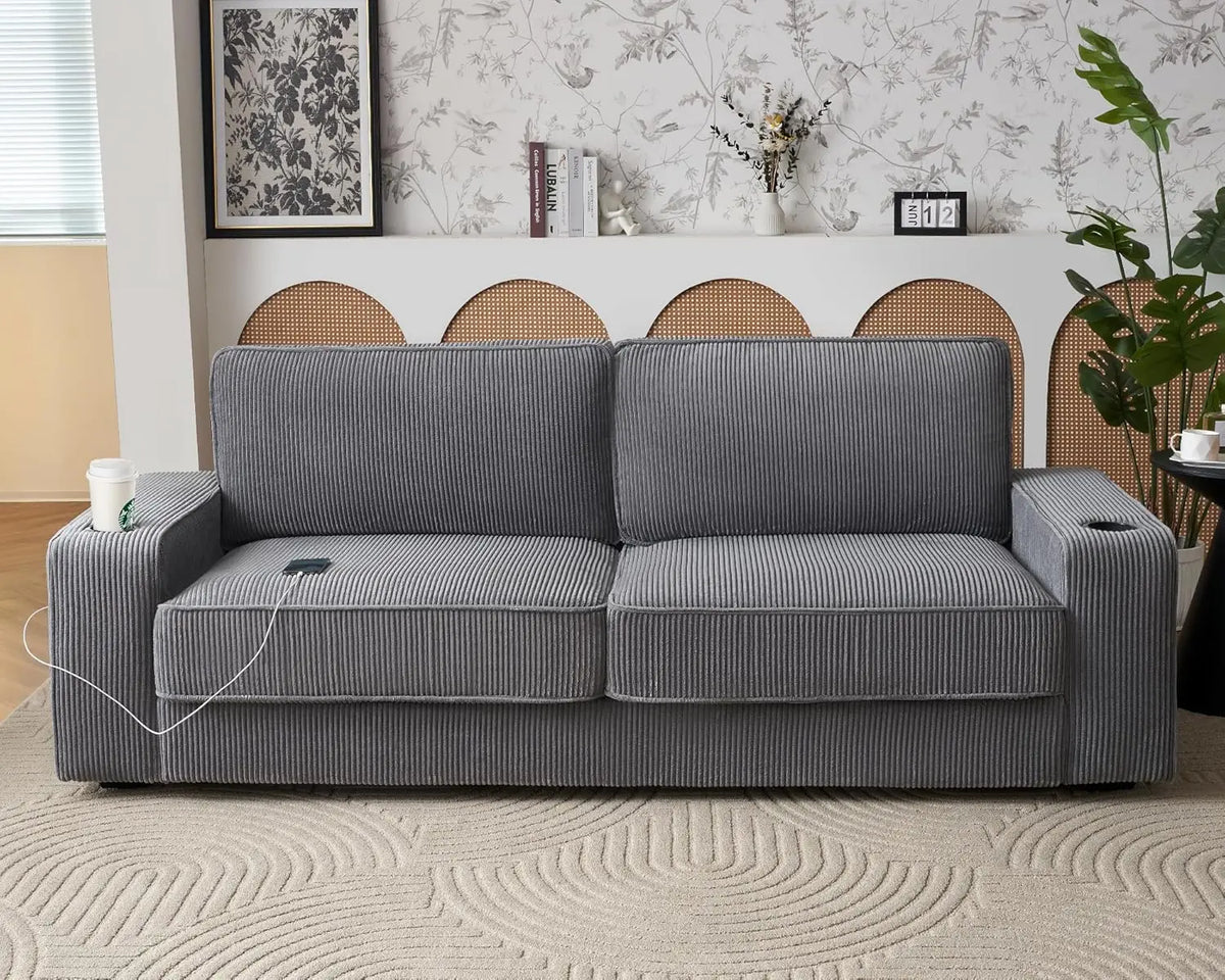 Modern Sofa with USB Charging Ports &amp; Cup Holders: Deep Seat Couch for Living Room