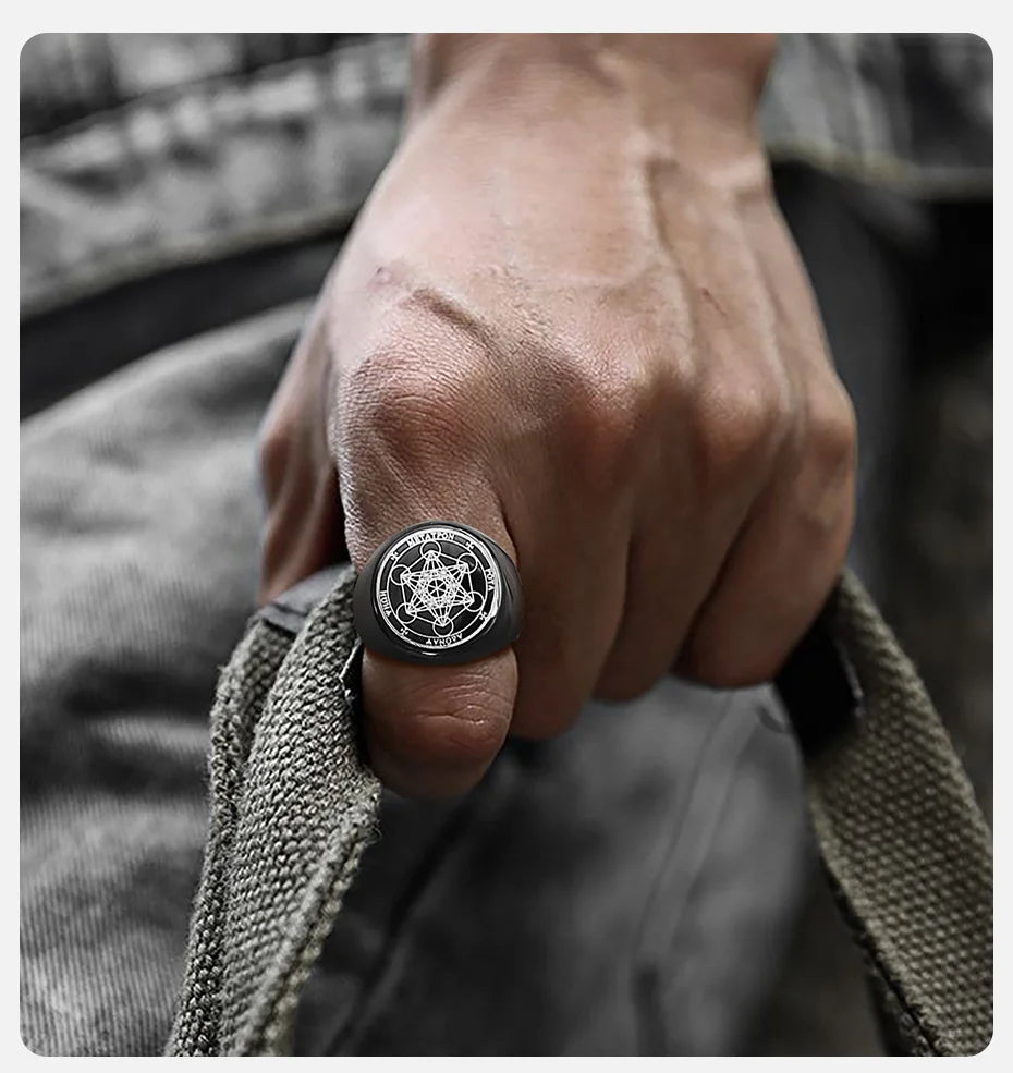 Vnox Vintage Seven Seals of Angels Ring for Men, Stainless Steel Metatron Cube Triquetra Stamp Ring, Chunky Punk Fashion Jewelry