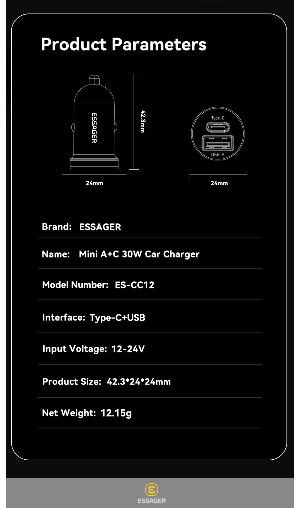 Essager 30W USB-C Car Charger – Quick Charger with PD, QC 3.0, SCP, 5A Fast Charging for iPhone, Xiaomi, Samsung