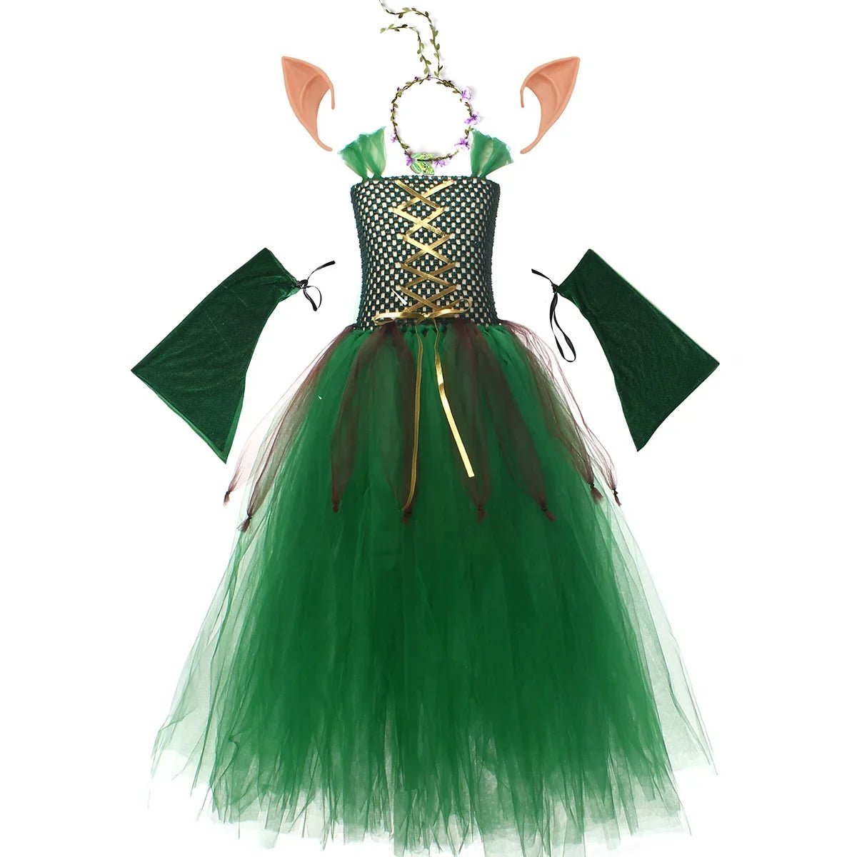 Kids Forest Elf Dress-Up Costume – Green Princess Outfit with Ears for Girls, Perfect for Stage Performance and Halloween