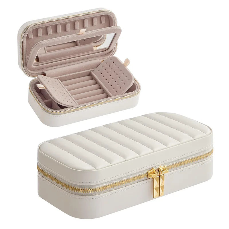 Portable Large Capacity Jewelry Storage Box with Double Metal Zipper, Mirror Compartment for Earrings, Necklaces and Accessories