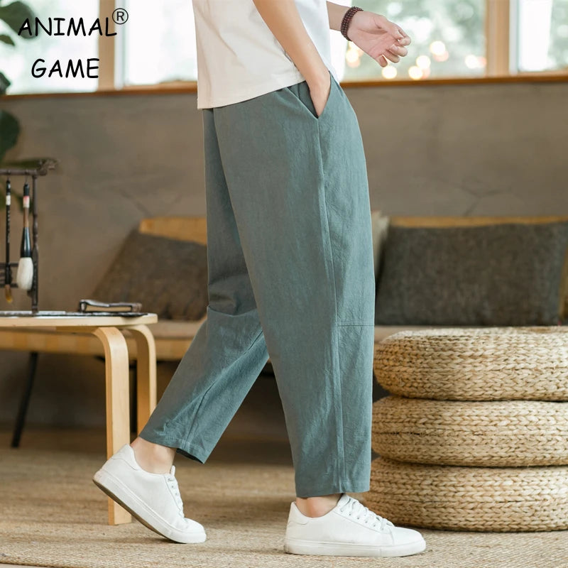 Men&#39;s Trousers Cotton Linen Fashion Casual Pants Solid Color Breathable Loose Shorts Straight Drawstring Pants Streetwear Men