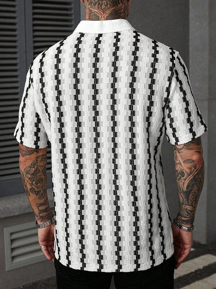 Men's Vintage Plaid Knit Shirt, Breathable Textured Short Sleeve Button-Up, Casual Summer Vacation Wear