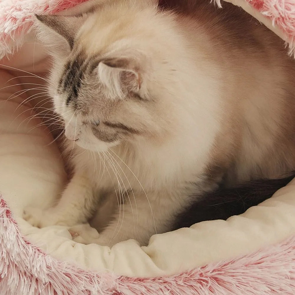 Warm Plush Pet Bed: Enclosed Round Cushion and Sleep Bag for Small Cats and Pets