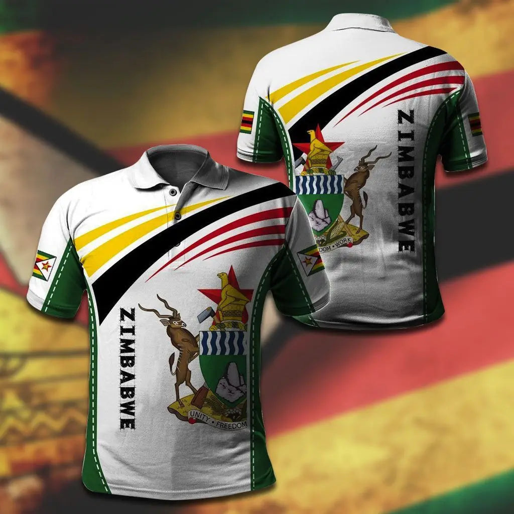 Zimbabwe Flag &amp; Coat of Arms Polo Shirts – Customized, Casual Summer Wear, Loose Fit, Plus Size Sportswear for Men