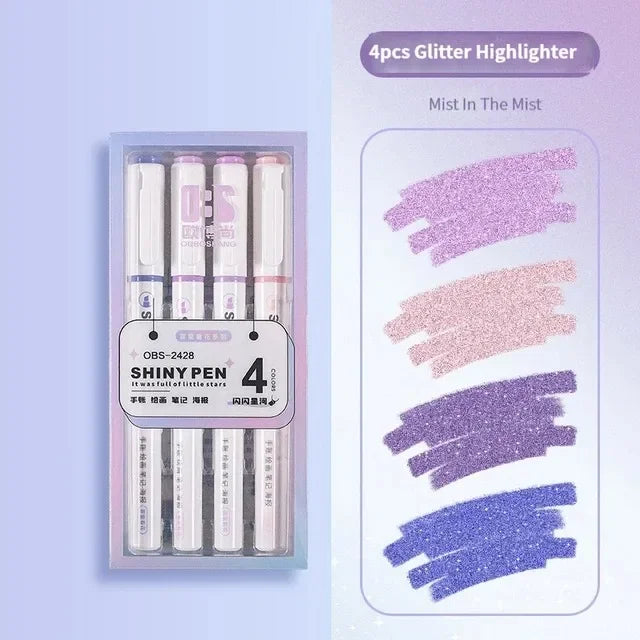 4-Color Kawaii Glitter Highlighter Pen Set - Pastel Markers for Scrapbooking