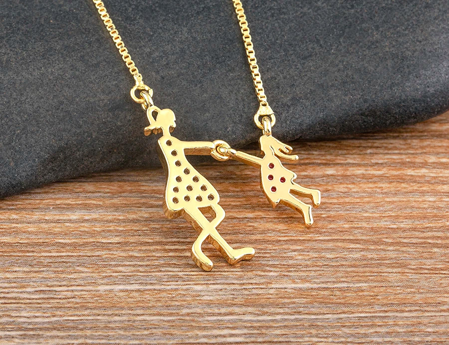 Nidin Gold-Plated Mom and Daughter Pendant Necklace with Cubic Zirconia, Elegant Mother's Day Jewelry Gift