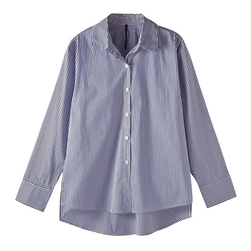 Women&#39;s Classic Striped Blouse: Loose Fit with Lantern Sleeves &amp; Stand Collar for Spring &amp; Autumn