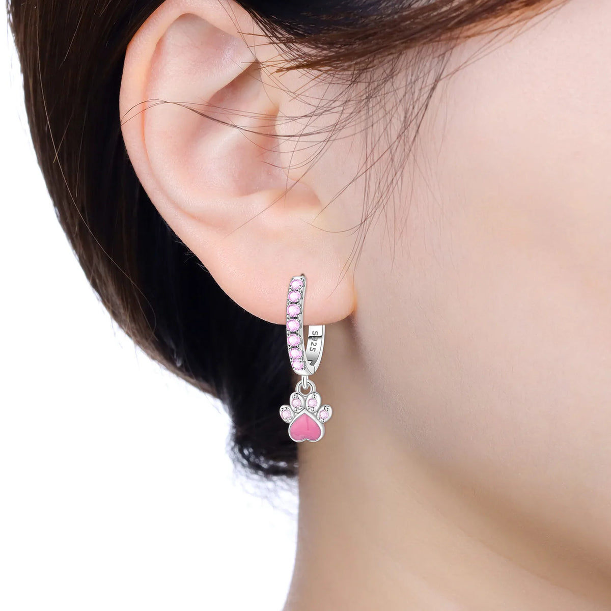 Original 925 Sterling Silver Pink Paw Print Earrings with Zircon, Heart Flower and Leaf Design, Elegant Women's Party Jewelry Gift