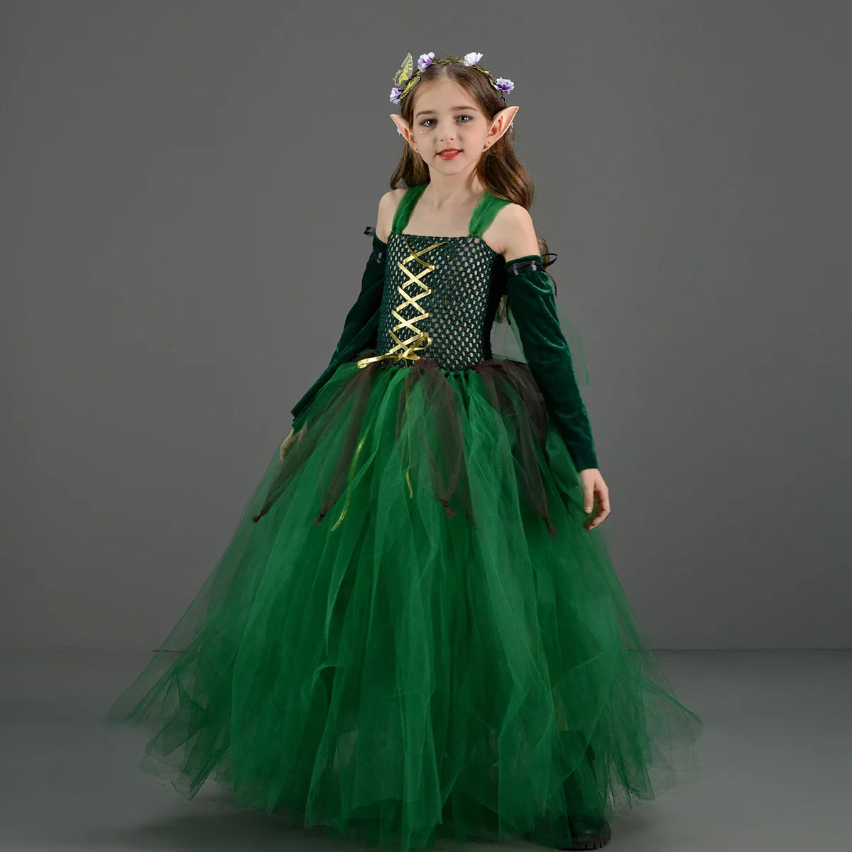 Kids Forest Elf Dress-Up Costume – Green Princess Outfit with Ears for Girls, Perfect for Stage Performance and Halloween