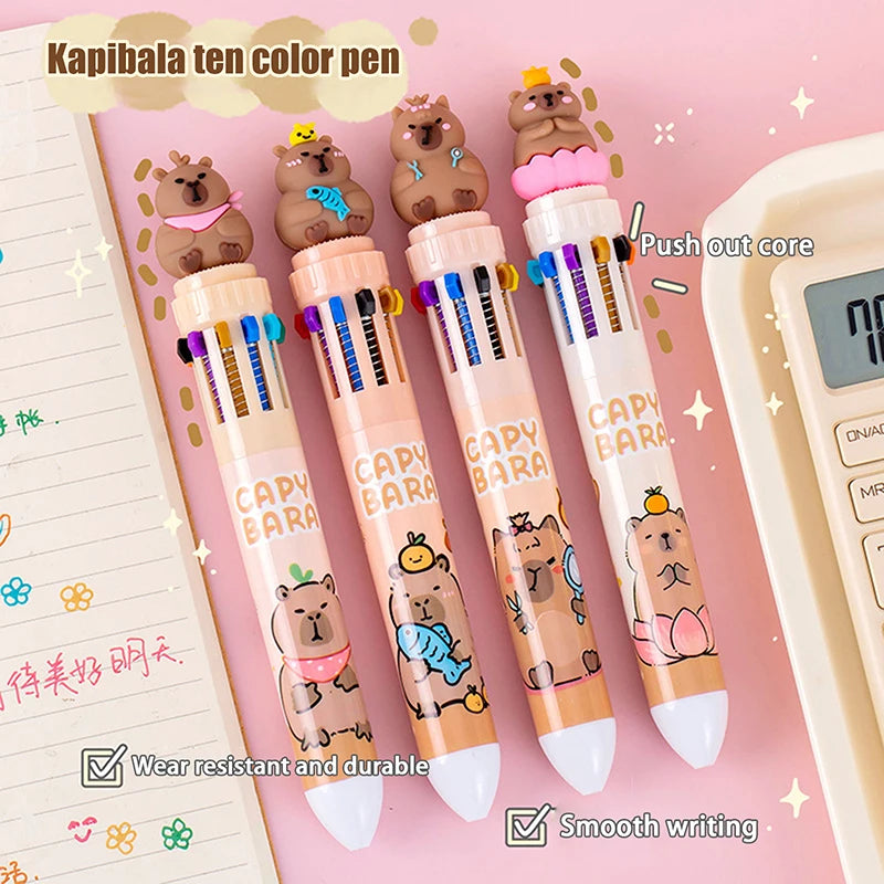 Cartoon Capybara 10-Color Ballpoint Pen - 0.5mm Gel Pen for School Supplies