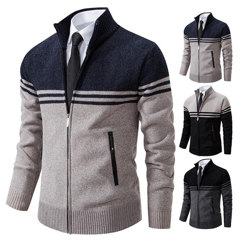 Men&#39;s New Winter Sweater Thick Fleece Warm Sweater Casual Stand Collar Zipper Cardigan Fashion Striped Coat