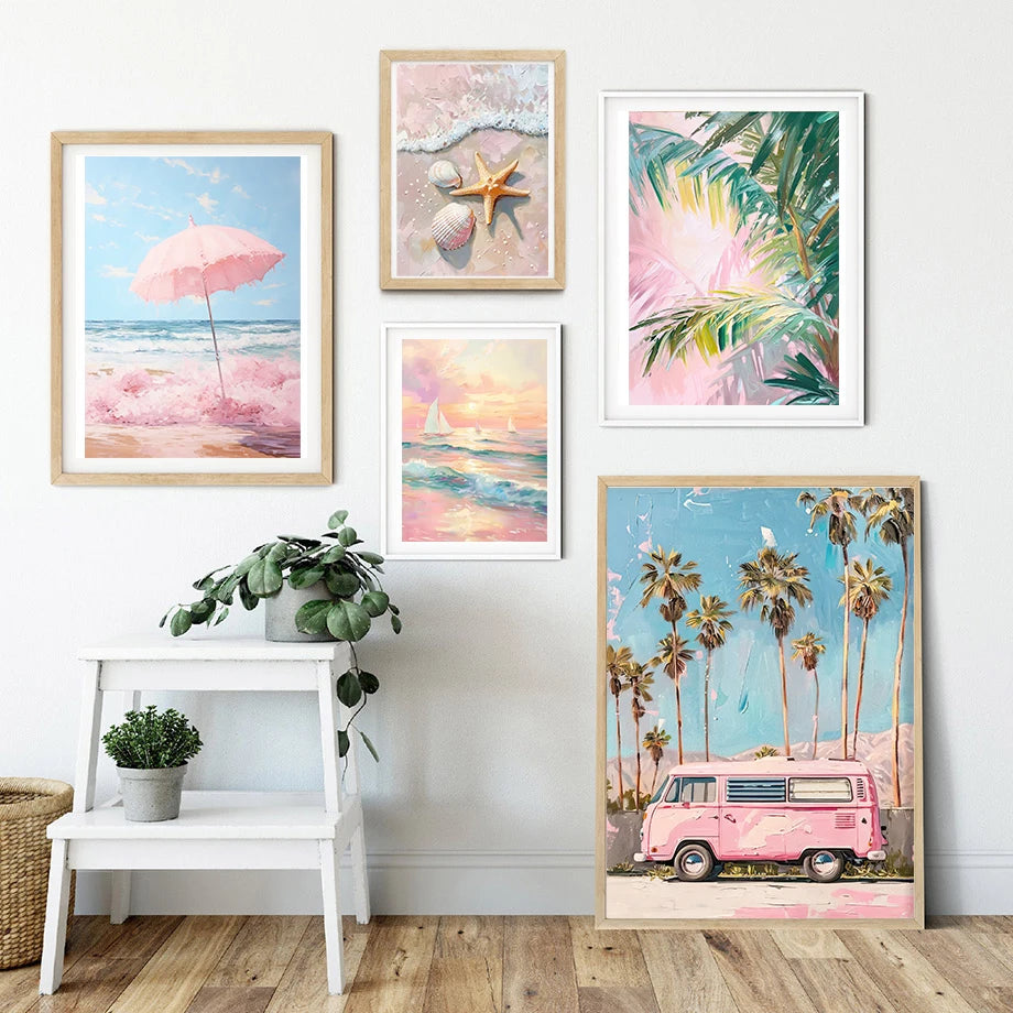 Pink Coastal Beach Umbrella Print: Preppy Canvas Poster for Girly Dorm and Living Room Decor