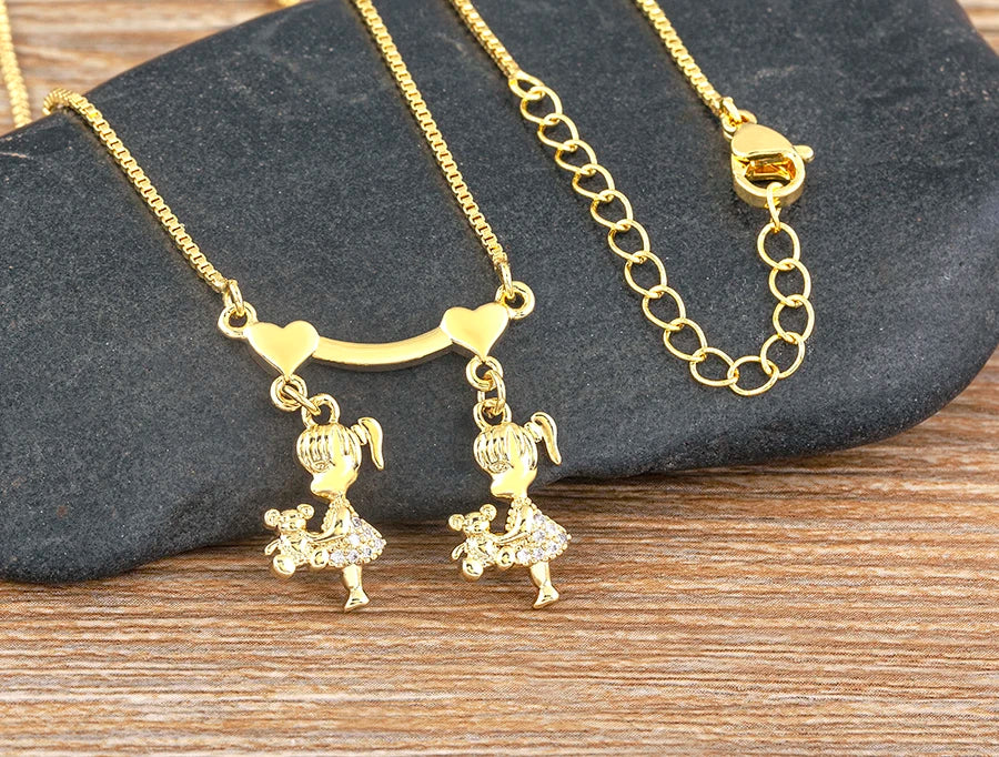 Nidin Gold-Plated Mom and Daughter Pendant Necklace with Cubic Zirconia, Elegant Mother's Day Jewelry Gift