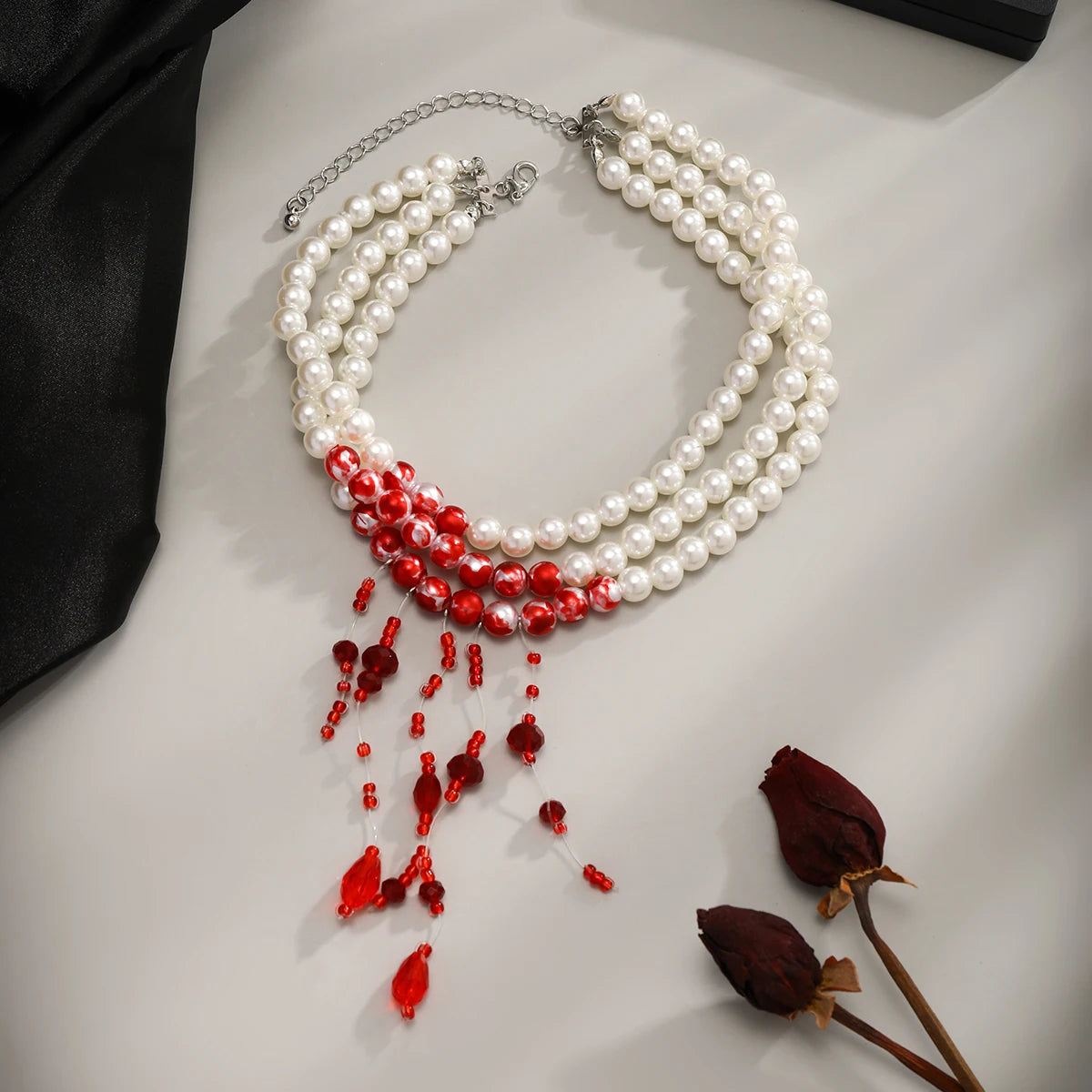 Multilayer Gothic Red Blood Tassel Necklace – Imitation Pearl &amp; Crystal Bead Pendant for Women, Perfect Halloween Jewelry