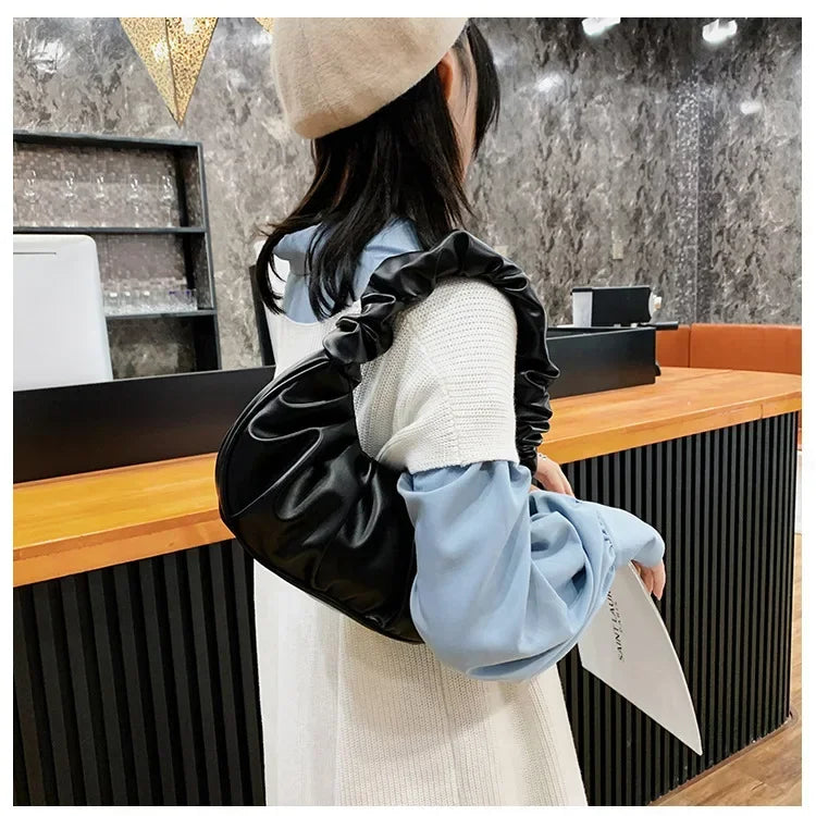 Fashion Pleated PU Cloud Handbags - Women&#39;s Armpit &amp; Shoulder Bags for Shopping