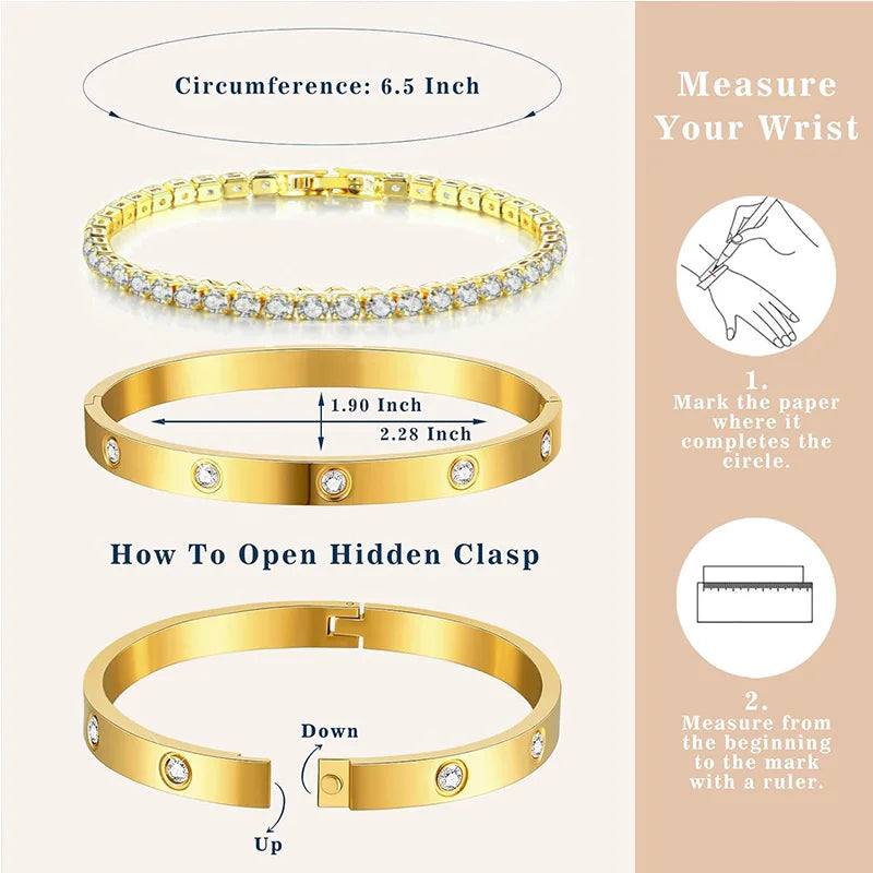 Stackable Gold Bracelets – 14K Gold Plated Cubic Zirconia Tennis Bangles for Women and Girls