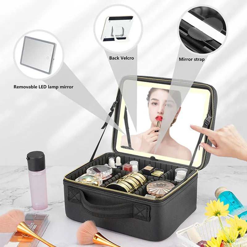 Smart LED Makeup Case with Mirror - Large Capacity Travel Cosmetic Bag