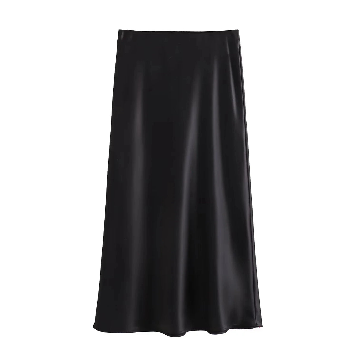 Women&#39;s Flowing Satin Midi Skirt: Vintage High-Waist Flared Hem Design