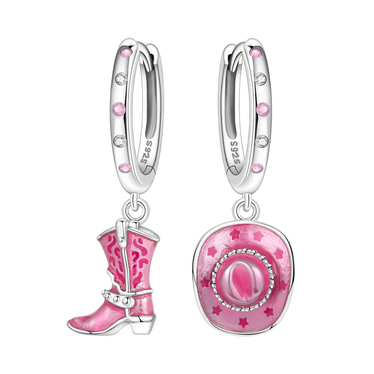 Original 925 Sterling Silver Pink Paw Print Earrings with Zircon, Heart Flower and Leaf Design, Elegant Women's Party Jewelry Gift