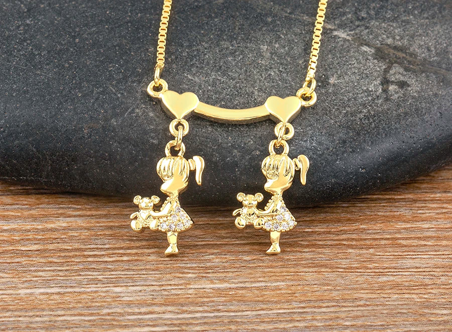 Nidin Gold-Plated Mom and Daughter Pendant Necklace with Cubic Zirconia, Elegant Mother's Day Jewelry Gift