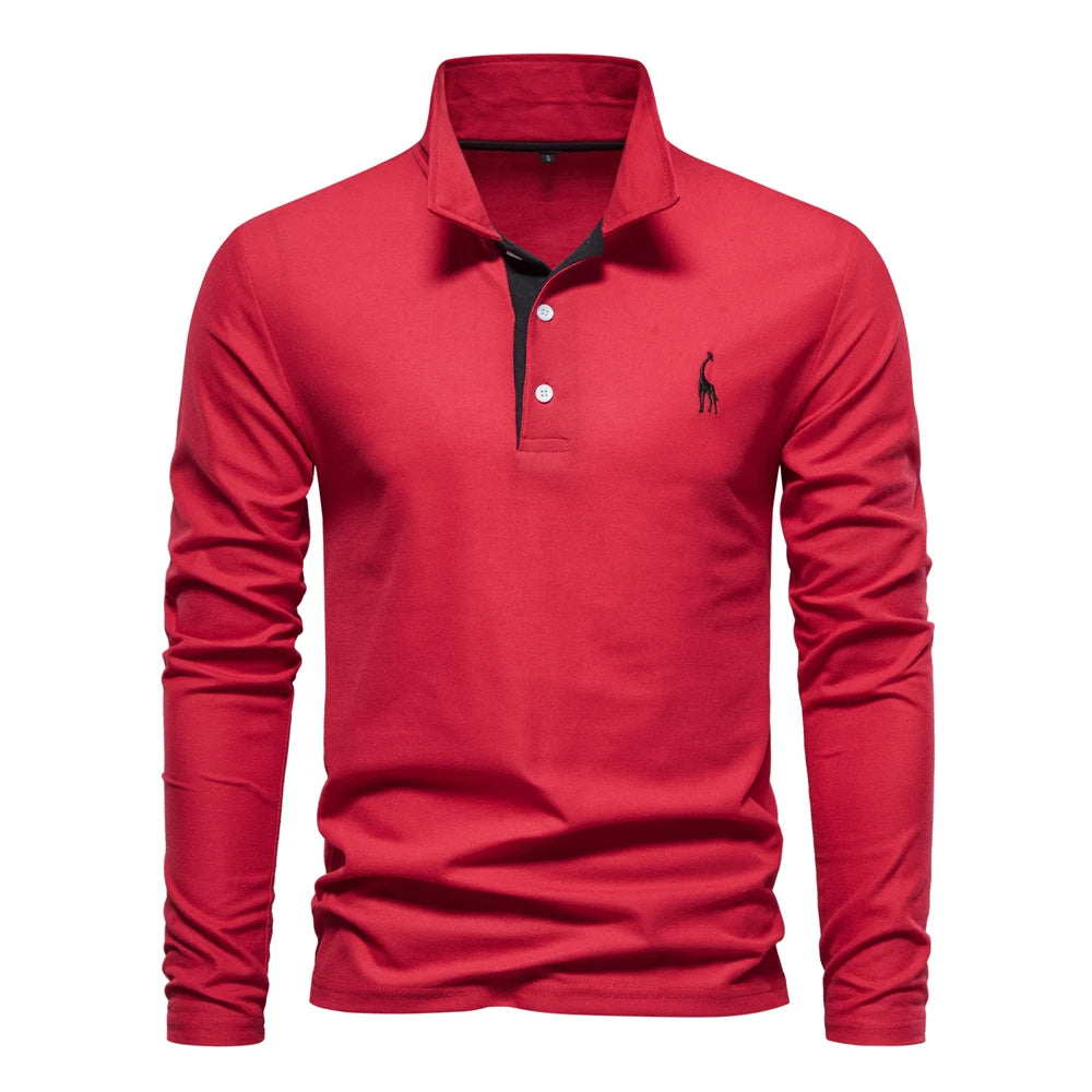 AIOPESON Deer Embroidery Men&#39;s Polo Shirts Solid Color Long Sleeve Polo Shirts for Men New Spring Social Business Polos Male