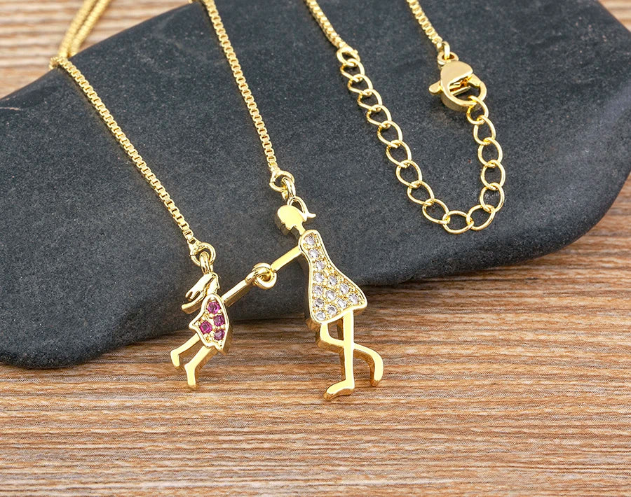 Nidin Gold-Plated Mom and Daughter Pendant Necklace with Cubic Zirconia, Elegant Mother's Day Jewelry Gift