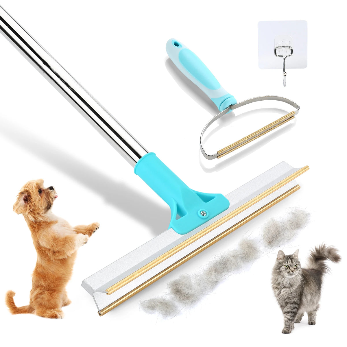 Pet Hair Remover Set – Adjustable Long-Handle Carpet Rake &amp; Lint Brush