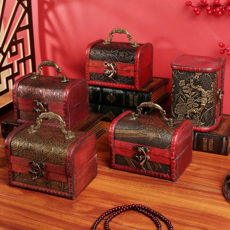 Antique Retro Wooden Jewelry Storage Box with Green Crystal Stone, Vintage Gift and Keepsake Packaging Box