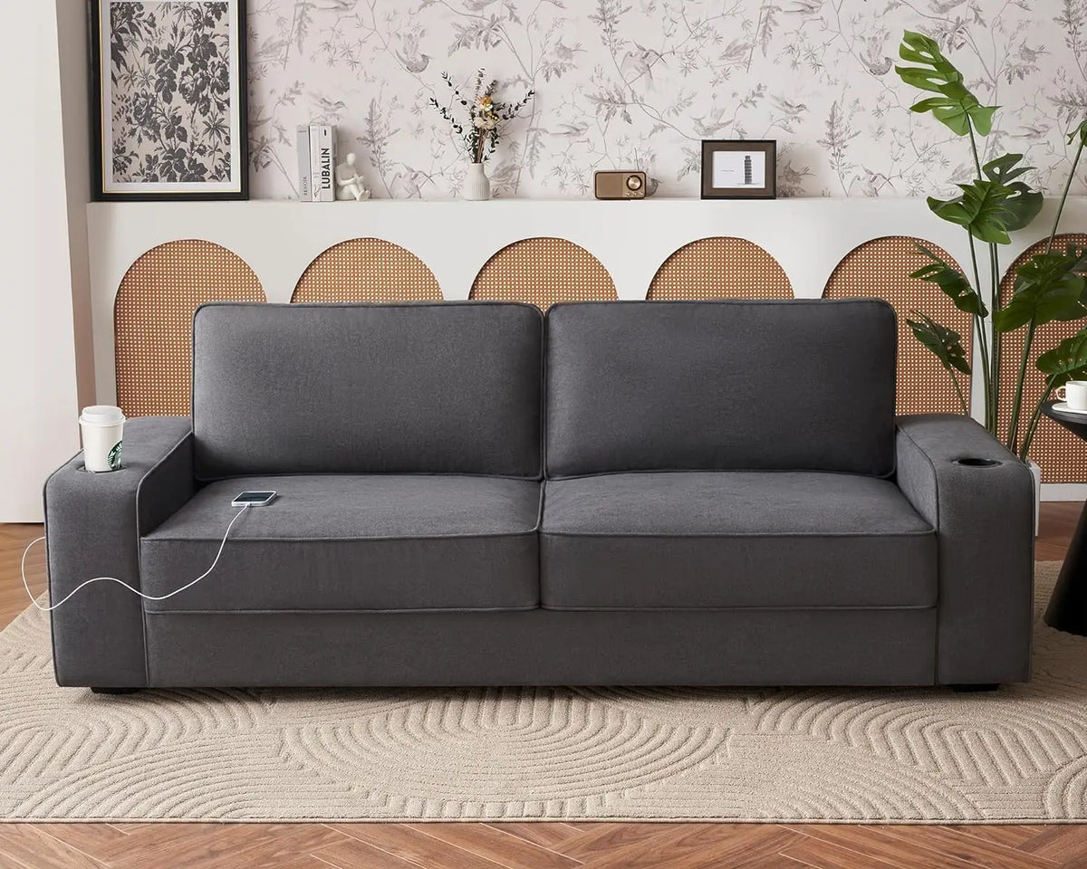 Modern Sofa with USB Charging Ports &amp; Cup Holders: Deep Seat Couch for Living Room