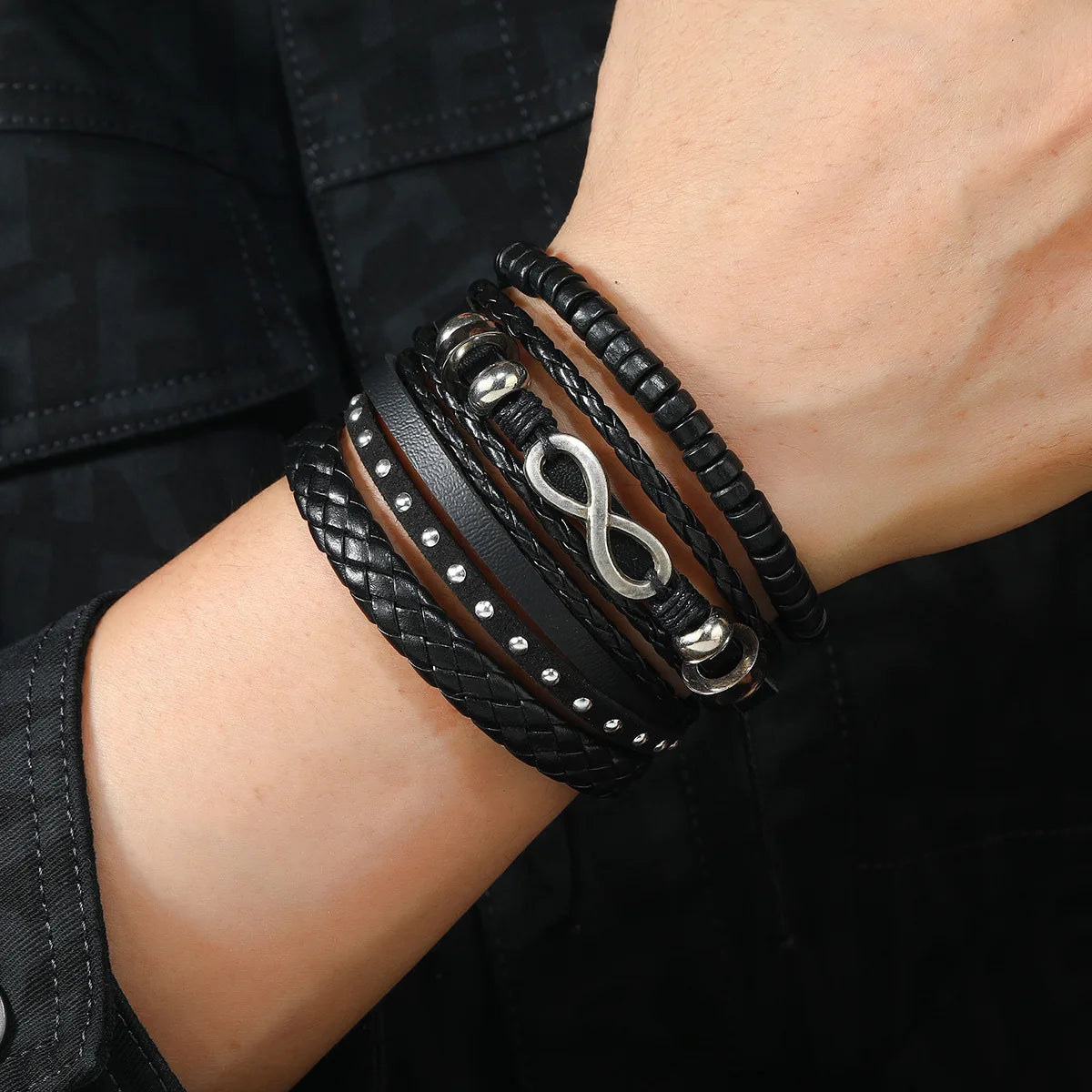 4/6PCS PU Leather &amp; Wood Bead Bracelet Set – Vintage Braided Wrap Armband for Men