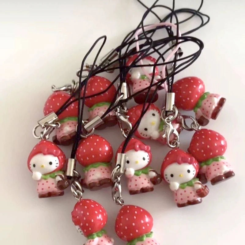 Kawaii Strawberry Hello Kitty Phone Pendant: Cute DIY Keychain for Backpack Decoration