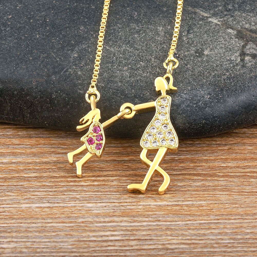 Nidin Gold-Plated Mom and Daughter Pendant Necklace with Cubic Zirconia, Elegant Mother's Day Jewelry Gift