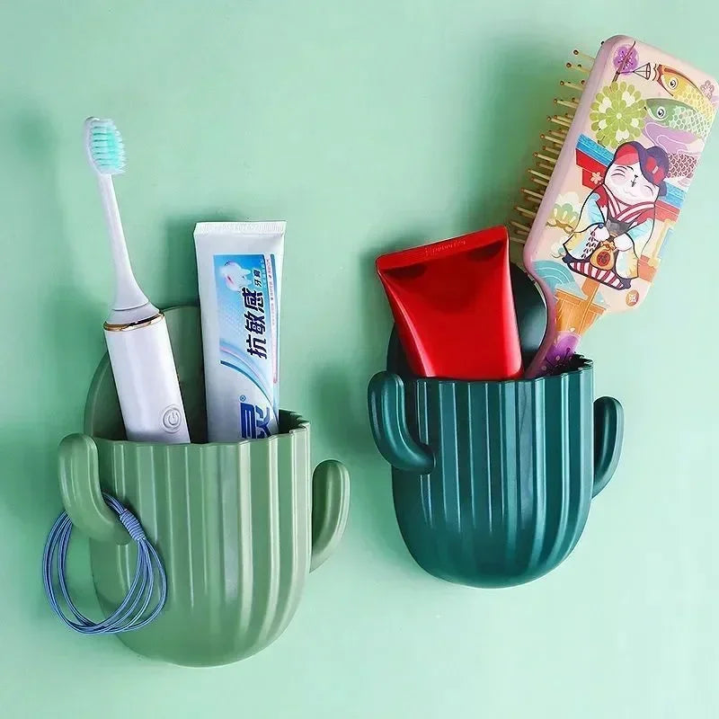 Self-Adhesive Cactus Toothbrush &amp; Shaver Holder – Seamless Wall-Mounted Bathroom Organizer