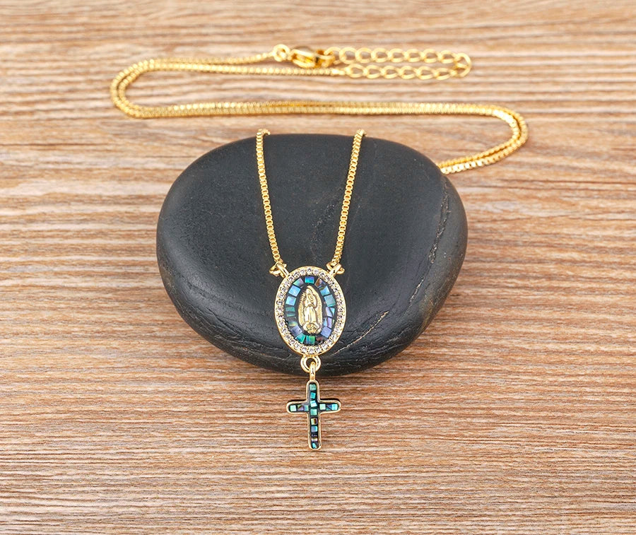 Nidin Fashion Gold-Plated Virgin Mary Cross Pendant Necklace for Women and Men, Religious Charm Jewelry
