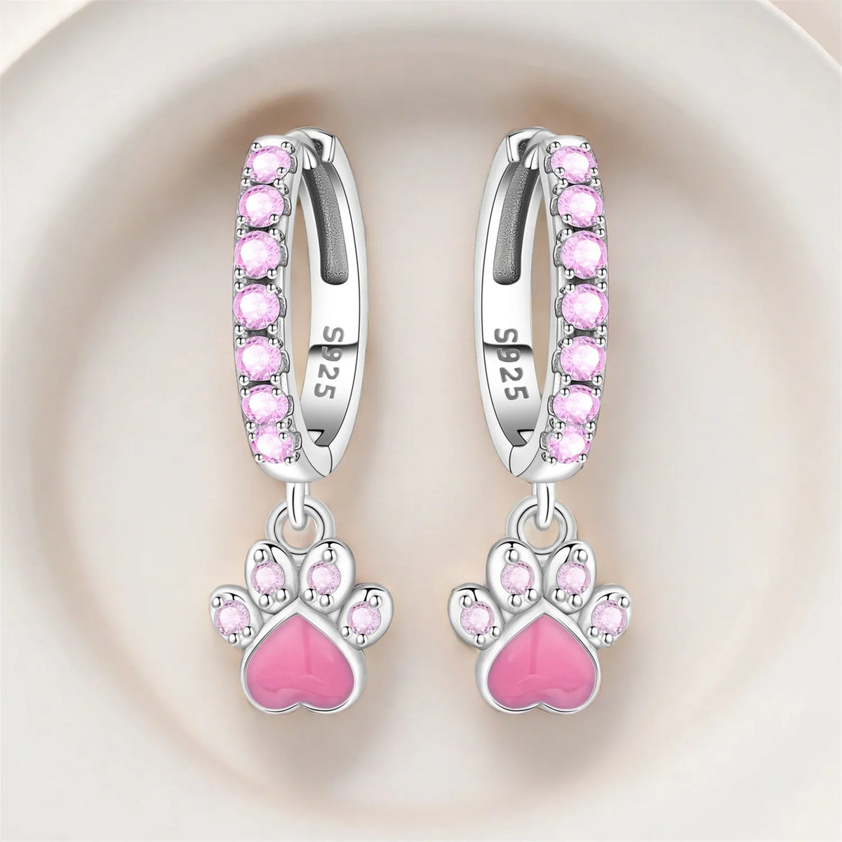 Original 925 Sterling Silver Pink Paw Print Earrings with Zircon, Heart Flower and Leaf Design, Elegant Women's Party Jewelry Gift
