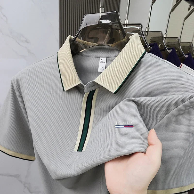 Men's Luxury Ice Silk Polo Shirt, Breathable Short Sleeve Business Casual Golf T-Shirt for Summer